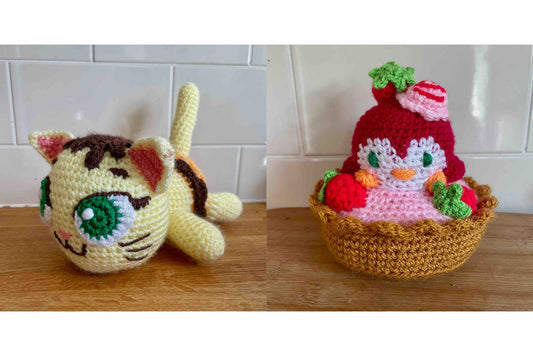 New Amigurumi Plushies: Vanilla Ice Cream Cat + Strawberry Tart Penguin